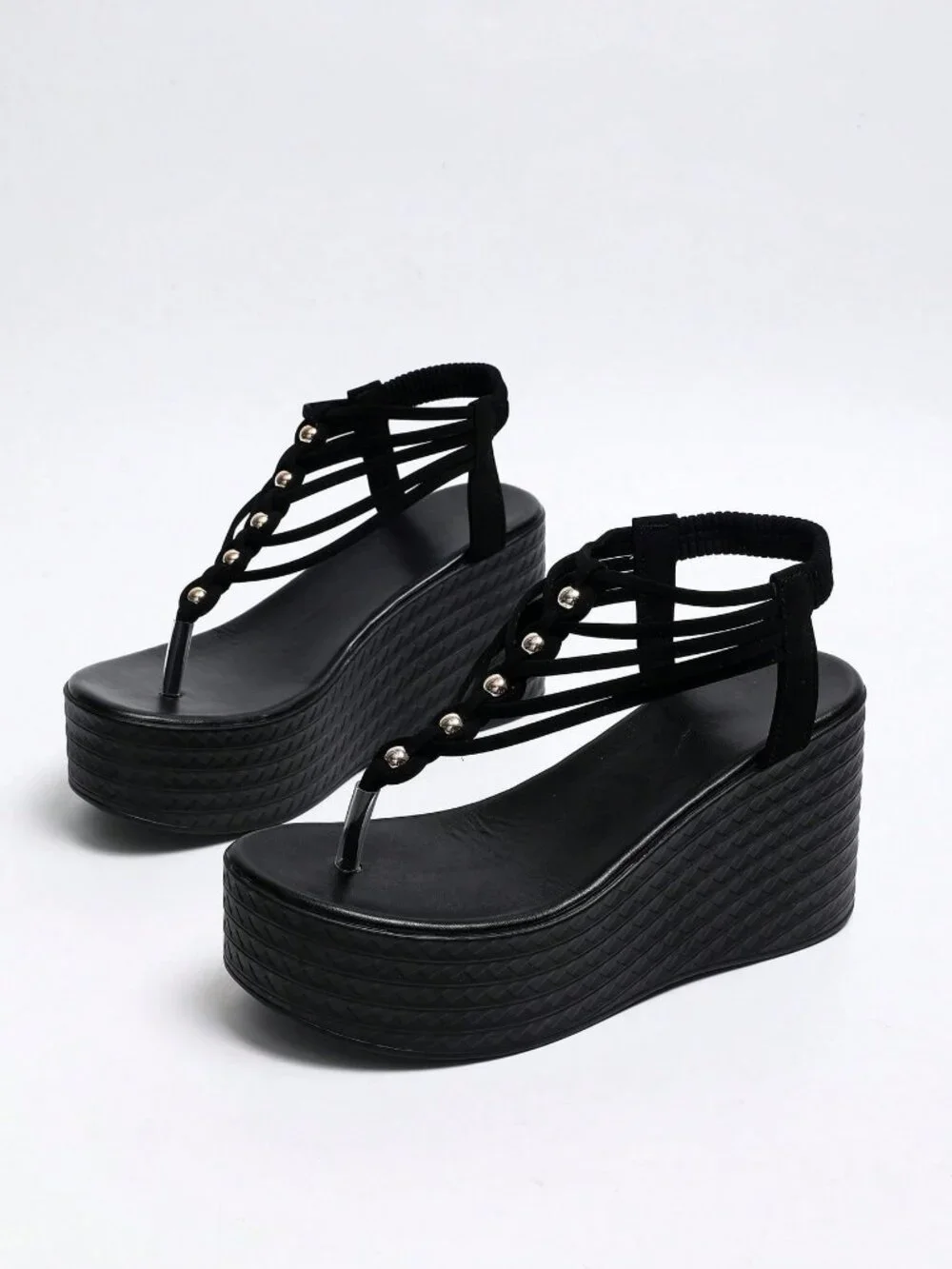 Black Chic Women's Wedge Heel Beaded detailed Thong Sandals - Picture 9 of 10